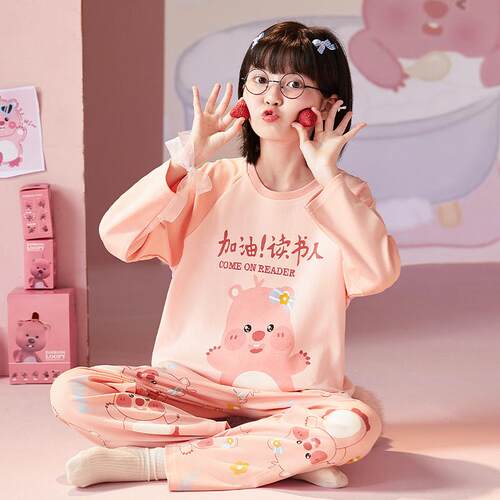 女童睡衣长袖纯棉春秋季新款中大童甜美卡通loopy初中生家居服套