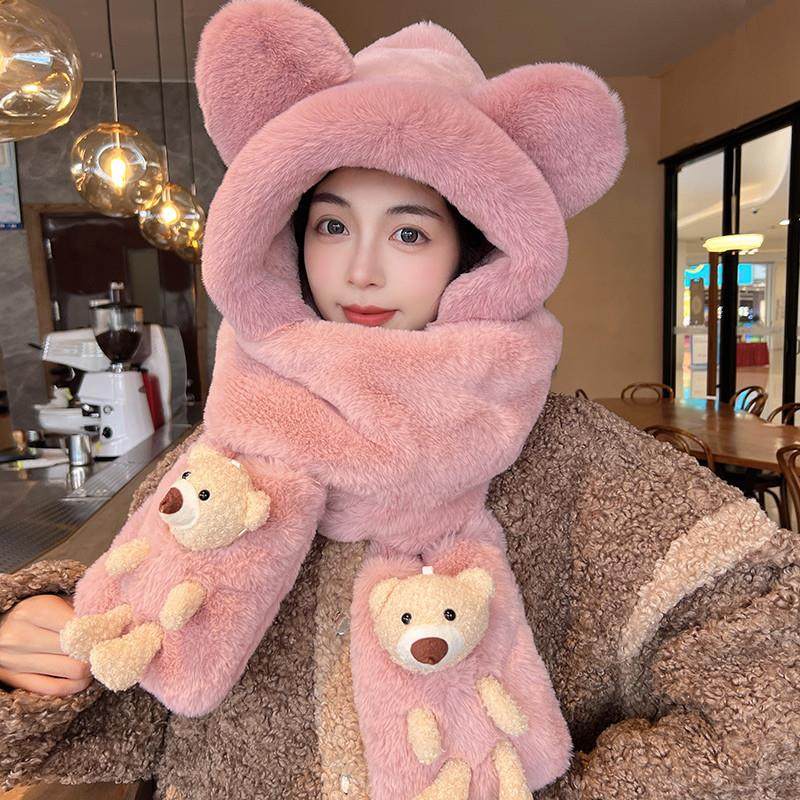 小熊帽子围巾一体女2024冬季新款冬天手套围脖电动车防风三件套