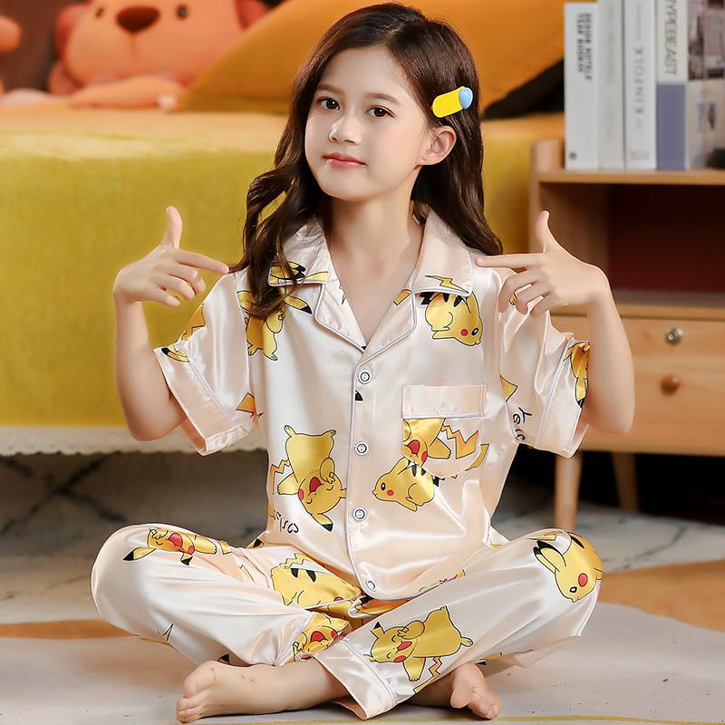 2025年夏季儿童睡衣女冰丝短袖薄款空调装女童家居服套装绵绸长裤