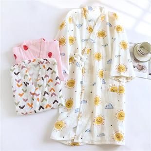 新款 宽松汗蒸浴袍家居服睡衣睡裙 和服睡袍女春秋夏季 纯棉纱布薄款