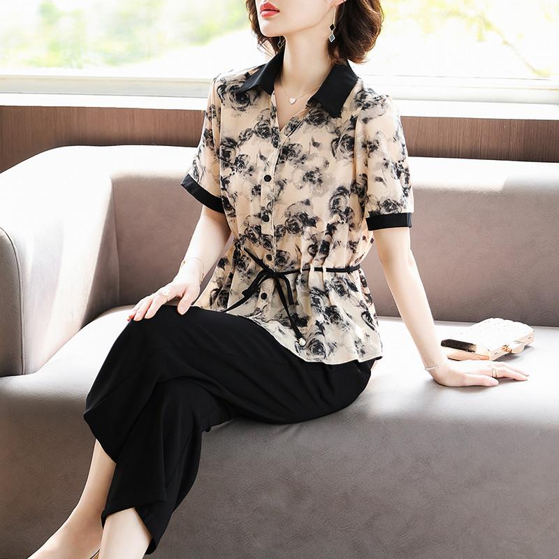 中年妈妈夏装套装2025新款雪纺T恤小衫中老年女装短袖衬衫两件套