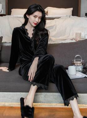 2023新款春秋睡衣女金丝绒秋冬季性感花边蕾丝套装长袖大码两件套