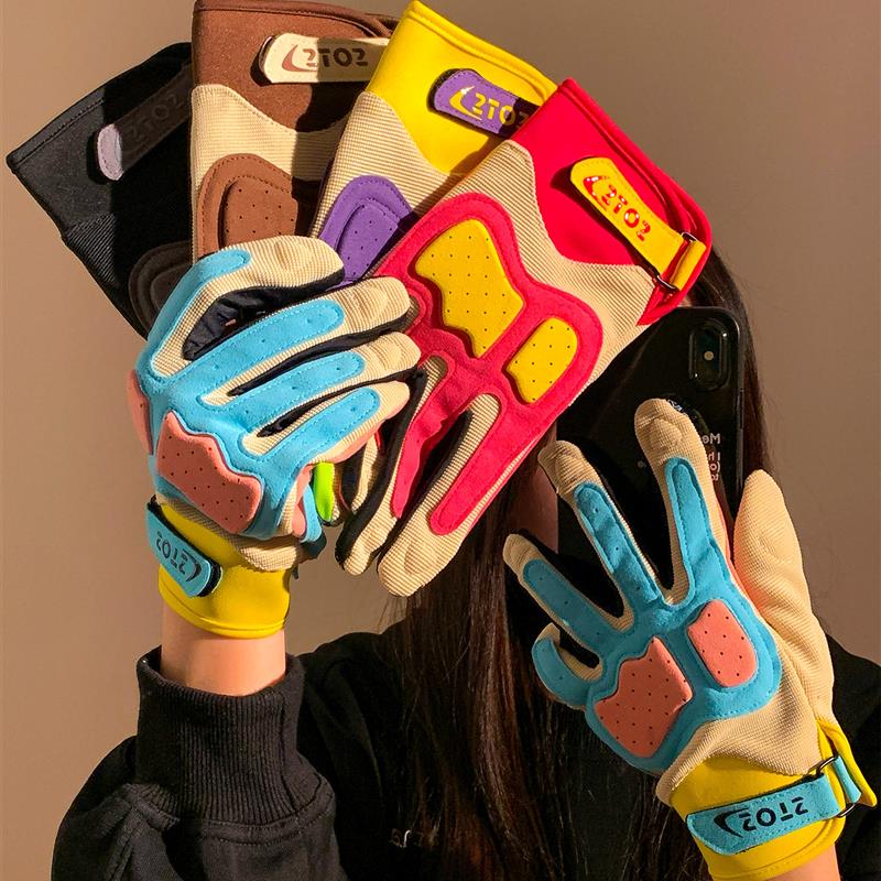 多巴胺撞色骑行摩托车手套女冬季减震防滑触屏户外骑车防寒潮保暖