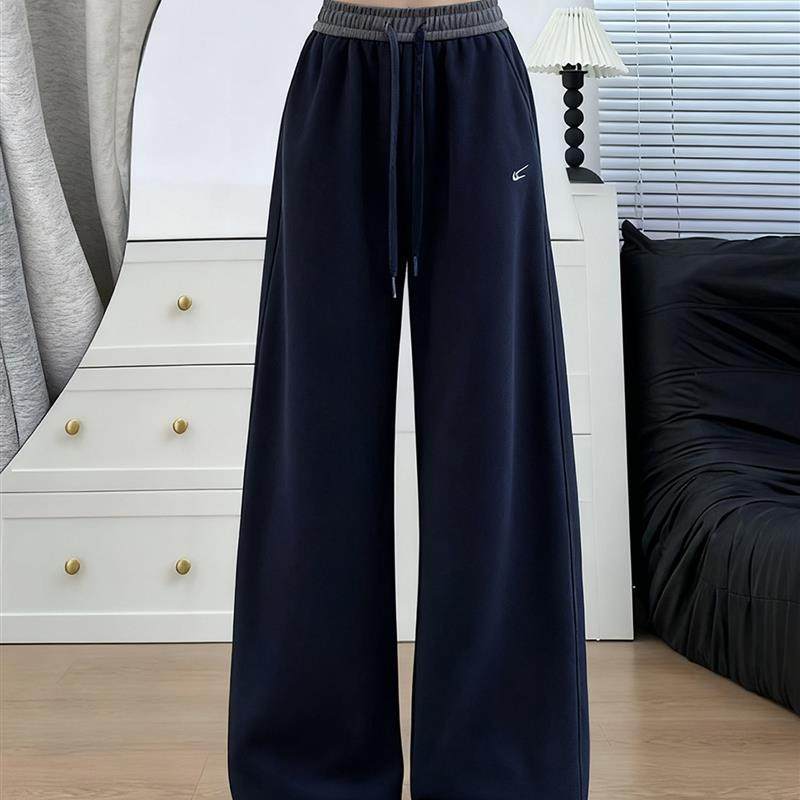 藏青色刺绣运动休闲裤女2025秋季加绒高腰显瘦垂感弯刀阔腿卫裤子,女装/女士精品,休闲裤,淘宝优惠券,粉丝福利购,淘宝优惠卷