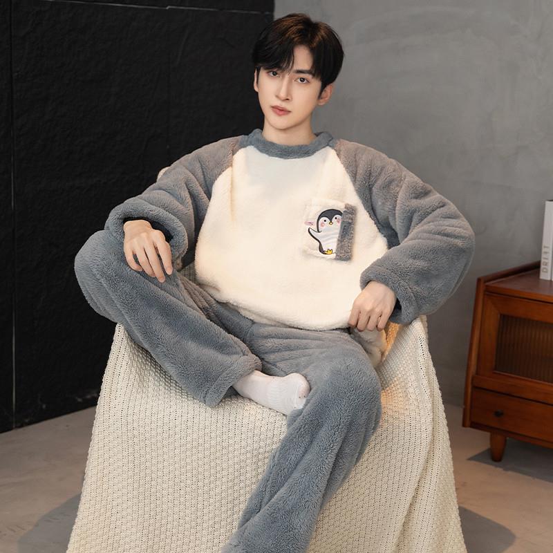 睡衣男款秋冬季法兰绒男士简约宽松加绒加厚珊瑚绒长袖家居服套装