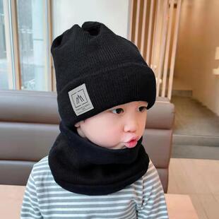 大童帽子秋冬季宝宝加绒护耳毛线帽儿童围巾一体套装56789岁男童