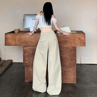 夏天松弛感卡其色阔腿休闲裤女夏季薄款宽松慵懒风松驰感空调裤子