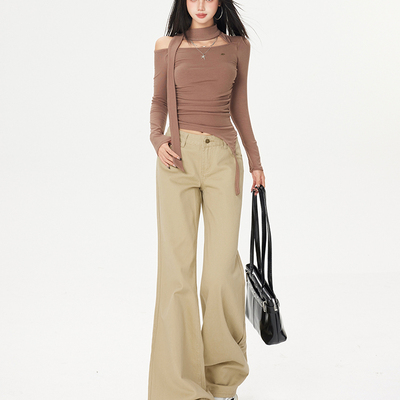 卡其色喇叭裤女低腰微喇牛仔裤子