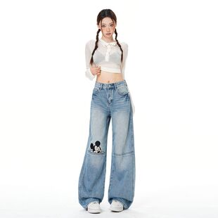 超火浅色牛仔裤女2026新款直筒美式高街米奇刺绣设计感窄版阔腿裤