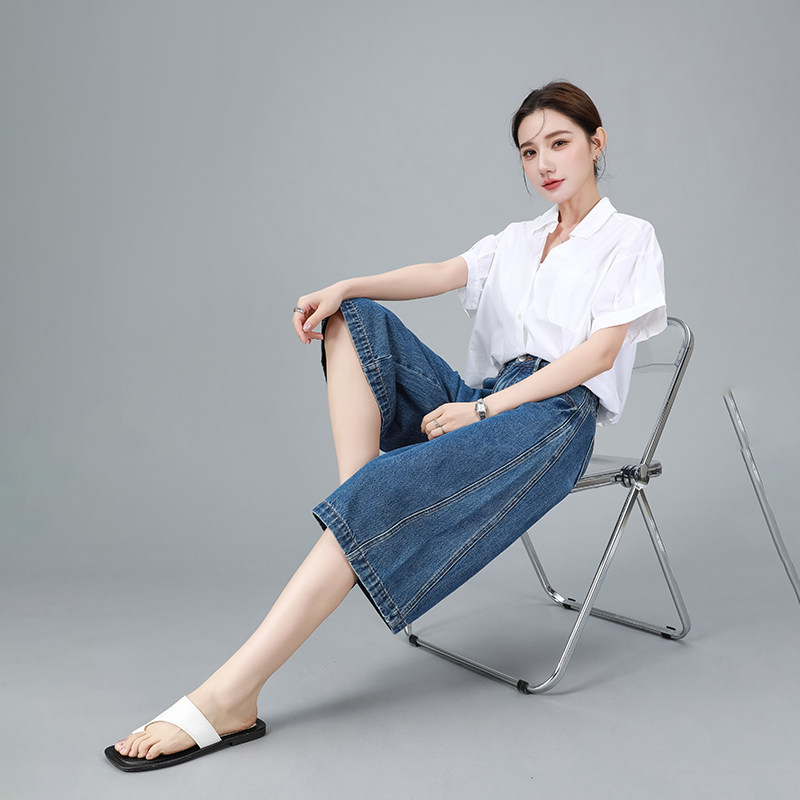 深蓝七分裤子爆款牛仔短裤女百搭阔腿中裤宽松显瘦直筒夏天五分裤