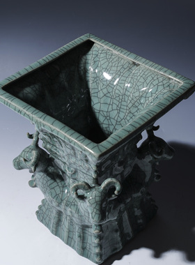 龙泉青瓷黄汉弟四羊方尊仿古摆件仿青铜器办公室家居博古架装饰品