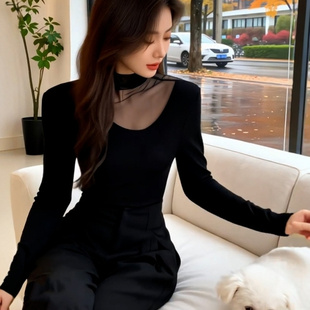 纯欲辣妹风纱网半高领德绒长袖打底衫T恤女秋冬修身显瘦大码上衣