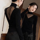 T恤打底衫 女早春秋冬季 修身 2026纱网镂空半高领德绒长袖 大码 上衣