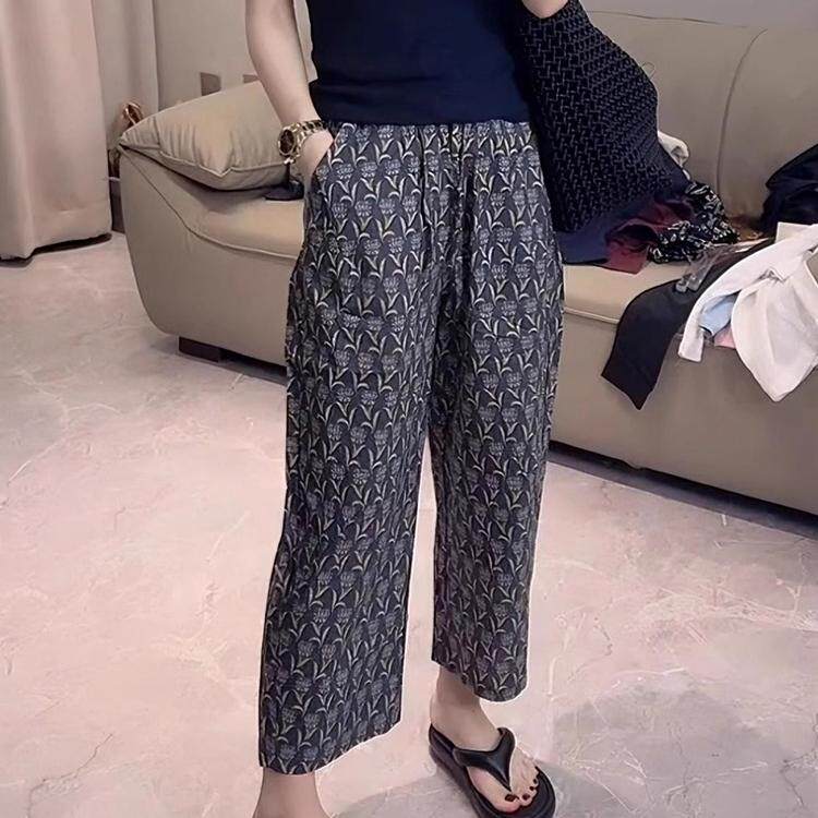复古印花防晒冰丝阔腿裤子女夏季薄款宽松显瘦大码九分直筒运动裤