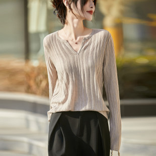 女春秋宽松慵懒风毛衣桑蚕丝上衣 V领羊毛针织衫 法式 坑条鼓包薄款