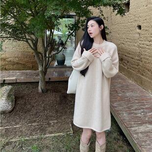 秋冬100%纯羊毛衫女圆领针织衫宽松毛衣裙加厚上衣中长款连衣裙