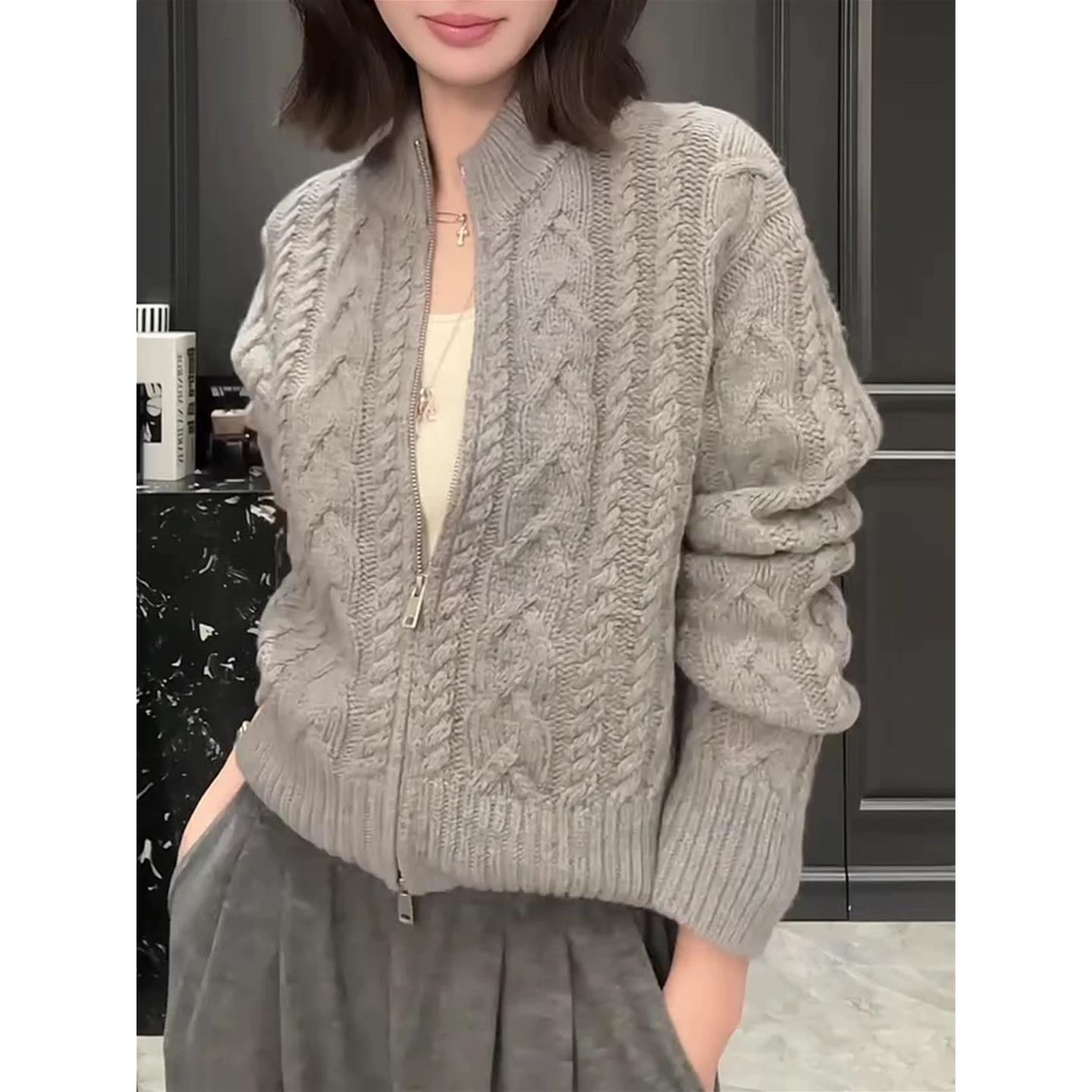 欧货高端麻花加厚立领羊绒针织开衫女秋冬宽松短款羊毛拉链外套