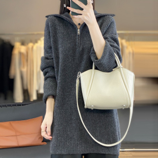 设计100%纯羊毛衫女半开拉链高领加厚中长款宽松慵懒风翻领毛衣女