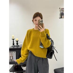 100%纯羊毛圆领套头加厚毛衣女宽松慵懒风针织打底衫内搭短款上衣