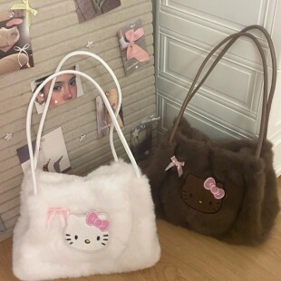 原创可爱毛绒kitty单肩包秋冬韩系大容量百搭托特包包外出手拎包