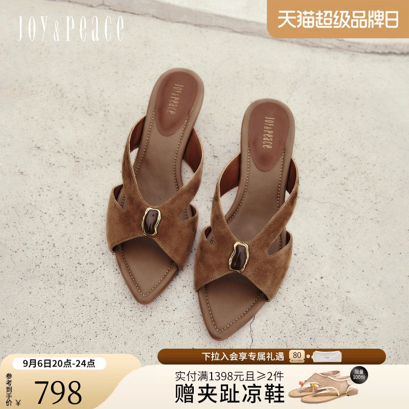真美诗红茶沙龙羊皮镂空尖头拖鞋图片