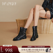 真美诗冬日哈雷2025年冬季 短靴女 铆钉细踝带皮靴时装 新款 羊皮个性