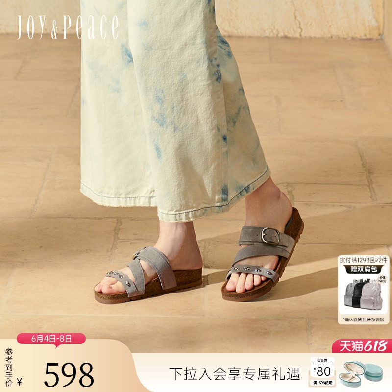 真美诗25夏新款牛绒金属豆厚底勃肯鞋懒人拖鞋女外穿YVT24