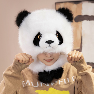 可爱熊猫帽子围巾一体冬季防寒保暖毛绒绒围脖儿童护耳雷锋帽女生