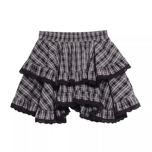 y2k轻亚千禧辣妹格纹蛋糕裙女高腰蕾丝拼接不规则短裙 蚀月镜