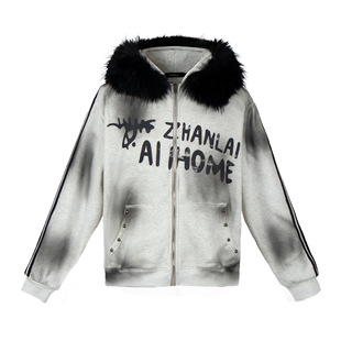 外套ins y2k轻亚比脏染涂鸦毛领连帽卫衣女加绒拉链开衫 蚀月镜