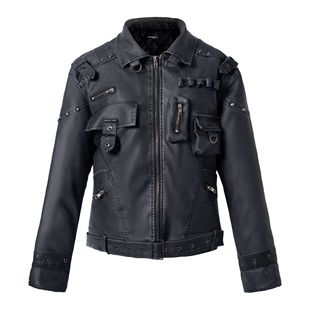 y2k亚文化朋克机车做旧黑色皮衣夹克女加厚棉服工装 多口袋外套ins