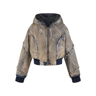 y2k千禧亚文化废土风重工水洗做旧破坏连帽棉服女宽松牛仔外套ins