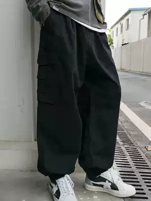 Tide brand overalls men's straight tube loose 9 points wide legs fall feeling bunch feet nine points Harajuku Wind Street hip hop retro