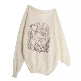 y2k古早轻亚废土风上衣女涂鸦斜领露肩破洞长袖针织罩衫防晒微透