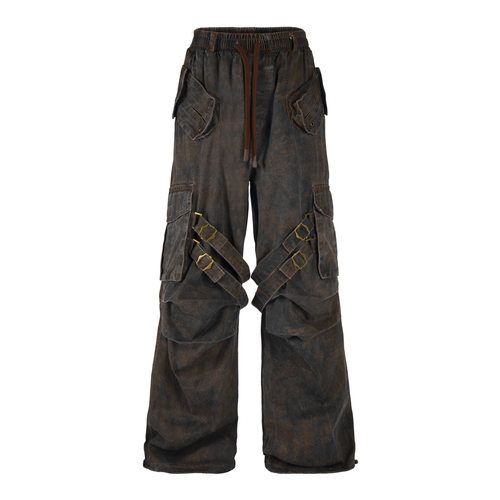 【蚀月镜】y2k轻亚文化废土风美式工装多口袋绑带机能牛仔裤女ins