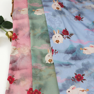 牡丹醋酸印花面料 国风旗袍连衣裙童装女装面料  卡通小兔子花布