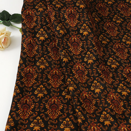 玄锦繁花纹全人丝香云纱印花面料 国风旗袍连衣裙服装 宝相花花布