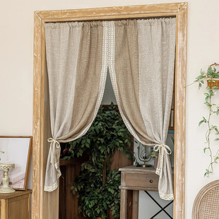 中古风日式亚麻对开式门帘遮挡短帘柜帘半帘客厅卧室免打孔隔断帘