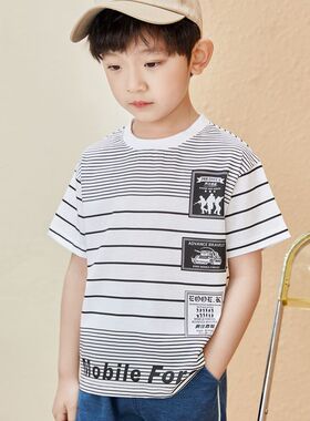 非常小鱼61208清仓男童夏季条纹时尚卡通短袖洋气休闲上衣100-140