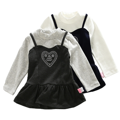 非常小鱼18653新款春秋季女中小童圆领针织纯棉长袖上衣裙80-120