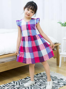 非常小鱼29472女童清仓夏超薄纯棉凉快格仔连衣裙100-140满68包邮