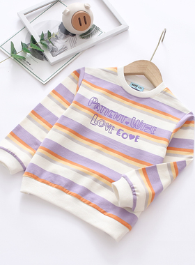 非常小鱼62787秋季新款女童套头休闲舒服洋气圆领紫间条纹上衣