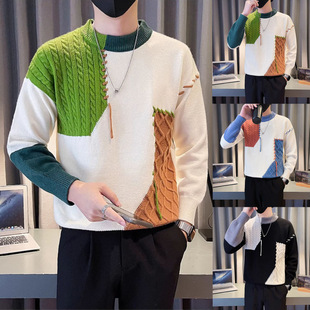 美式撞色拼接圆领毛衣男款秋冬季高级感痞帅小众设计感针织打底衫