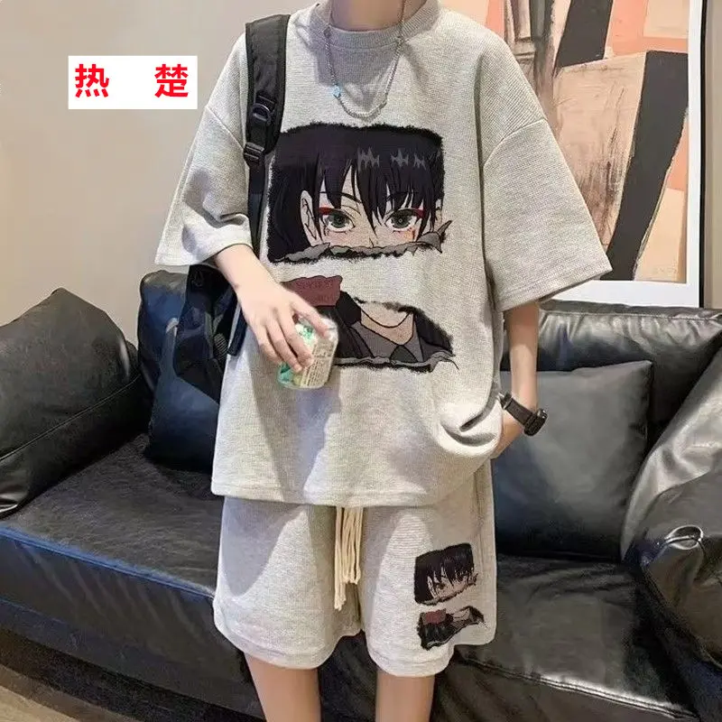华夫格夏季套装男休闲运动青少年学生大童五分袖短裤一套帅气12