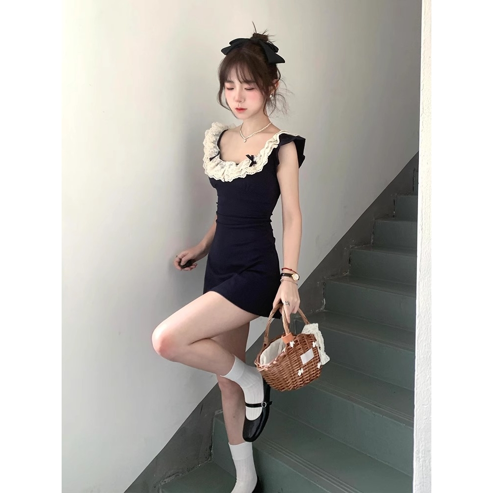 蕾丝小飞袖连衣裙2025夏季穿搭藏蓝色收腰无袖a字法式气质小个子