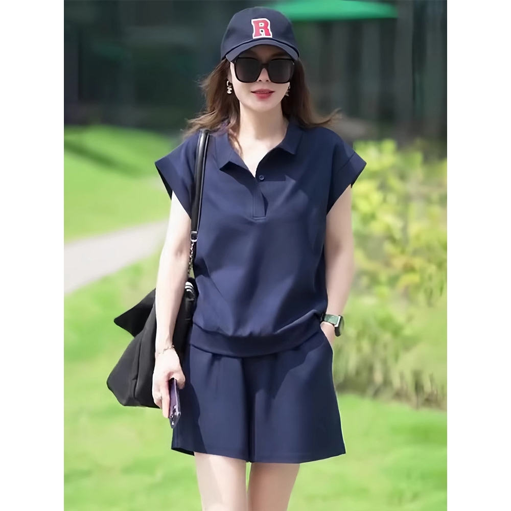 高级感时尚休闲运动套装女夏季宽松显瘦polo衫短袖短裤跑步两件套