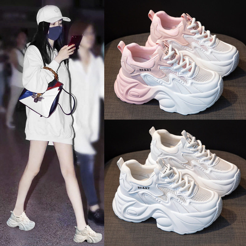 厚底老爹鞋女2026春季新款矮个子透网休闲松糕鞋内增高显瘦女网鞋