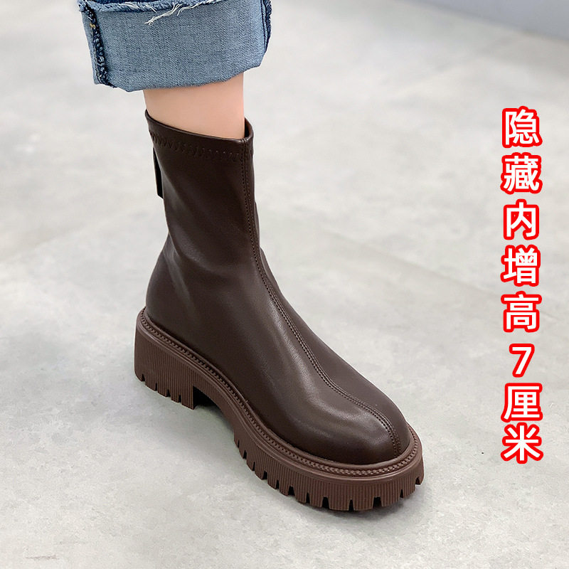 内增高马丁靴短靴超高跟女英伦风瘦瘦厚底骑士靴子女靴后拉链粗跟
