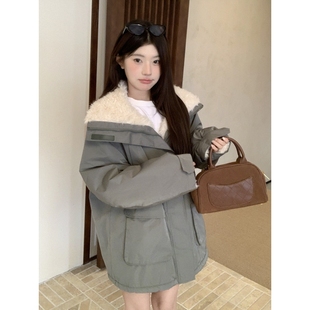 翻领赵露思同款加厚内里加绒羊羔毛拼接派克服女保暖工装棉服外套