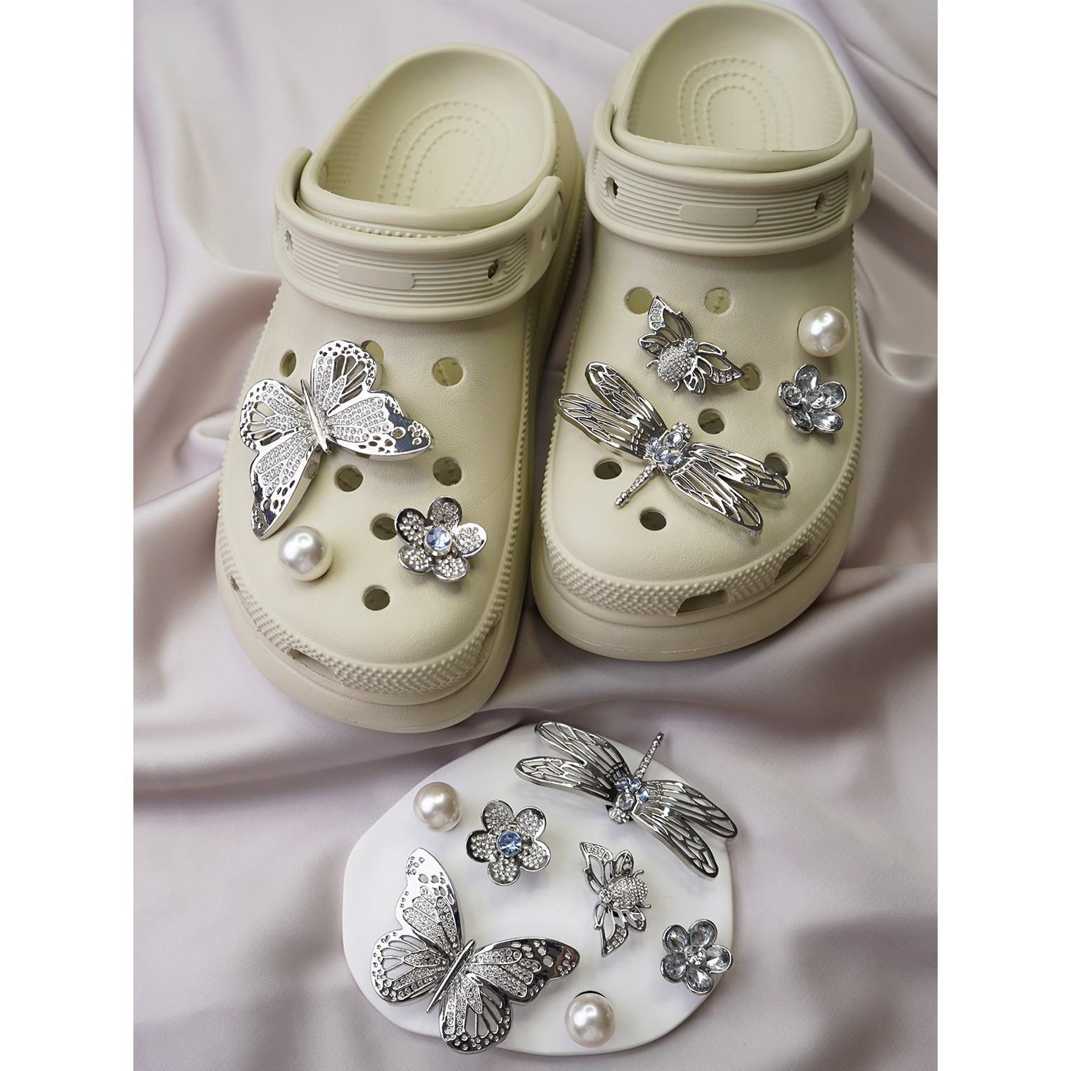 银色蝴蝶高级感金属鞋花用crocs